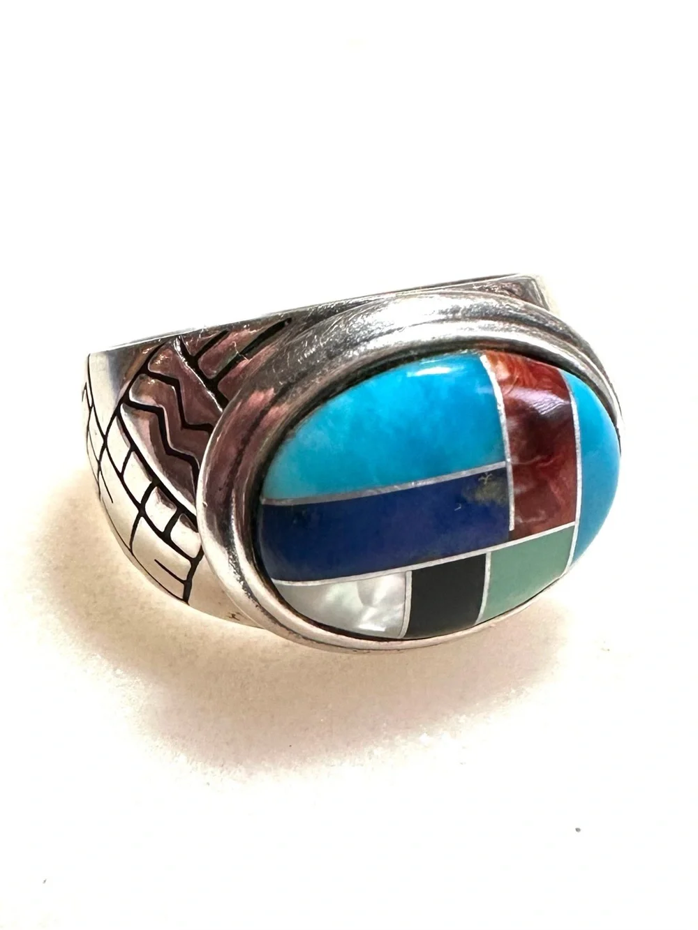Carolyn Pollack Multi-Gemstone Geometric Inlay Southwest Sterling Silver Ring